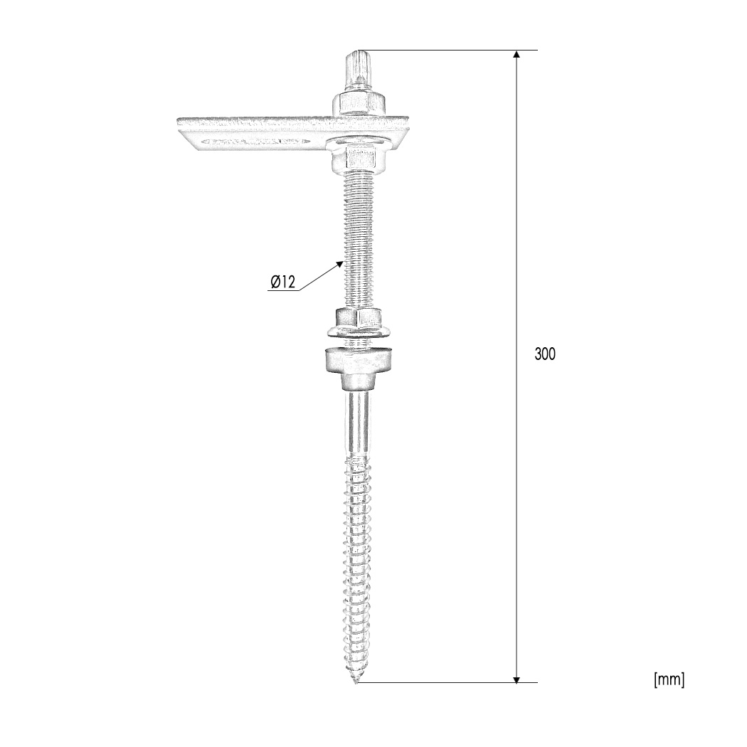 Stockschrauben mit Sechskantansatz montiert M12x350